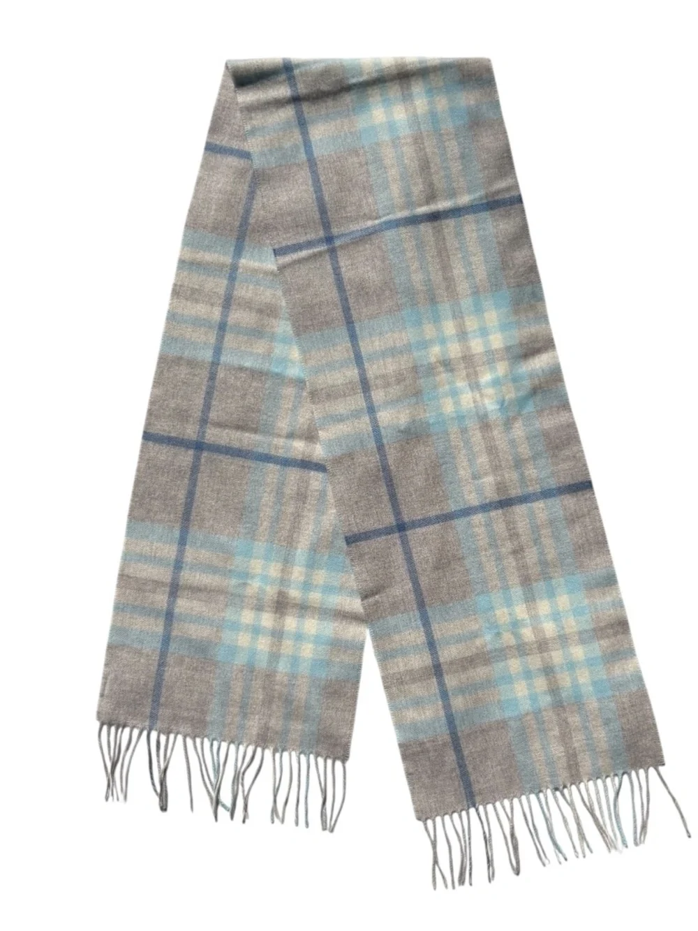 Fraas 100% Cashmere Scarf Gray Blue Cream Plaid Fringe Soft Made in Germany